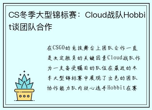 CS冬季大型锦标赛：Cloud战队Hobbit谈团队合作