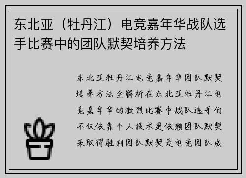 东北亚（牡丹江）电竞嘉年华战队选手比赛中的团队默契培养方法
